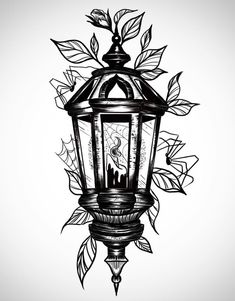 a black and white drawing of a lantern with leaves around it on a light gray background