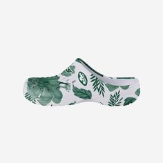 New York Jets Womens Floral White Clog FOCO S - FOCO.com White Clogs, Clog Shoe, Floral White, New York Jets, Clogs Shoes, Toe Designs, Face Cover, Team Spirit, Beach Trip