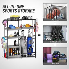 this is an image of a garage storage rack with all - in - one sports equipment