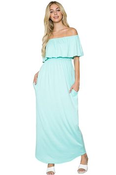 This versatile Off Shoulder Maxi Dress from Iconic Luxe will be a perfect statement piece for any occasion. Sophisticated, elegant and comfortable, this dress features a concealed side pockets and elastic off shoulder ruffle detail. It is sure to be a hit for the warmer months and is easy to dress up. 95% Rayon, 5% Spandex Made in the USA Pull On closure Features: ruffled off-shoulder detail, elastic waist, concealed side pockets, maxi length Suit for: work, street wear, daily wear, date night, movie night, Sunday brunch, farmers market, vacation, traveling, beach, special occasions, barbeque party, wedding, baby shower, bridal shower Season: spring, summer, fall Model is 5’8” and wearing size Small. Hand wash cold. Do not bleach. Hang to dry. Chic Solid Maxi Dress With Pockets, Spring Solid Color Off-shoulder Maxi Dress, Traveling Beach, Girls Accesories, Barbeque Party, Night Movie, Maxi Dress With Pockets, Plus Jumpsuit, Off Shoulder Maxi Dress