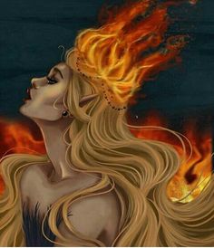 a woman with long blonde hair standing in front of a fire filled sky and looking up at the sky