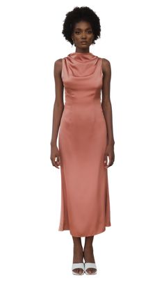 a model wearing a rose gold dress High Neck Midi Dress, Skirts For Kids, Cowl Neck Dress, Silk Midi Dress, British Indian, Dresses Uk, Kids Jacket, Silk Dress, Cowl Neck