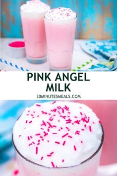 pink angel milkshake with sprinkles on top and in the middle