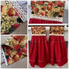 four different pictures of red and yellow apples with lace trims on the top, bottom, and bottom