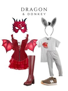 a woman in red and white outfit next to a dragon mask, boots and t - shirt