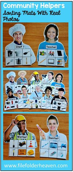 These Community Helpers Sorting Mats w/ Real Photos include 10 unique sorting mats that focus on identifying community helpers and objects associated with them. At an independent workstation, center or language group, students complete the following sorting mats by identifying the community helper and the things associated with him or her. For example the police officer mat includes handcuffs, a police car, a flashlight, a police hat, a police vest, etc. Community Helpers Physical Activities, Preschool Art Community Helpers, Community Helper Small Group Activities, Career Preschool Activities, Preschool Career Day, Police Officer Activities, Community Helper Math Activities, Community Helpers Prek, Professions Activities For Kids