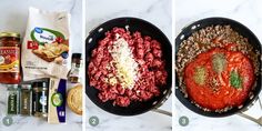 two pictures showing the process of making meatballs and sauces in skillets with ingredients to make them