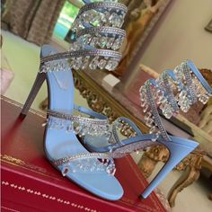 Blue Rene Caovilla Chandelier Heels Size 7 1/2 Never Worn Before Elegant Light Blue Heels For Formal Occasions, Luxury Light Blue Open Toe Heels, Blue Embellished Heels For Gala, Embellished Blue Heels For Gala, Luxury Blue Heels With Rhinestones, Elegant Blue Heels With Rhinestones, Elegant Light Blue High Heels, Elegant Light Blue Party Heels, Luxury Embellished Blue Heels