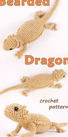 two crocheted lizards sitting next to each other with the words bearded and dragon on them