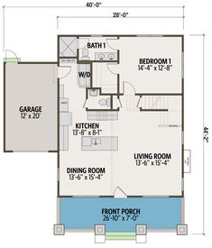 the floor plan for a two bedroom house with an attached bathroom and living room area