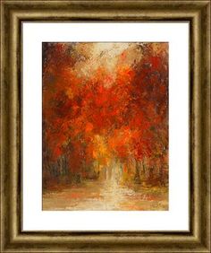 an oil painting of red trees in autumn