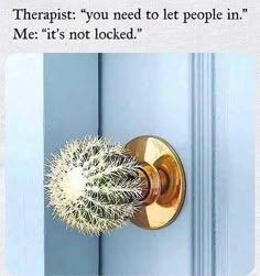 a cactus that is sitting on top of a doorknobp with the caption,'therapy you need to let people in me it's not locked '