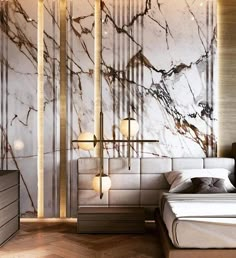 a bedroom with marble walls and flooring