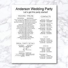 the wedding party list is displayed on a marble table with white and black text that reads,