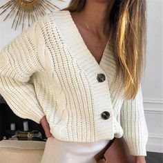 V Neck Long Sleeve Short Knitted Cardigan SweaterSIZE DETAILS

Bust:124cm; Length: 52cm; Sleeve:37cm; Shoulder:64cm

please be allowed 2-3cm errors; Casual White V-neck Sweater, Cheap Knitted Button-up Cardigan, Luxury Fall Button-up Cardigan, Fall Knit Sweater, Knit Sweater Coat, Beige Pullover, Pull Beige, Cardigan Knitted, Moda Streetwear