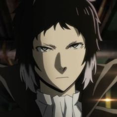 an anime character with black hair and blue eyes, wearing a white collared shirt