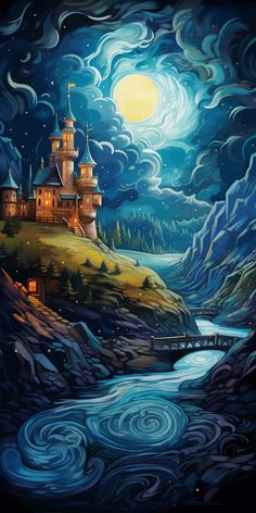 a painting of a castle in the night sky with stars and clouds above it is a river