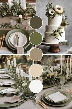 the table is set with green and white plates, silverware, candles and flowers