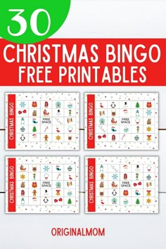 christmas printables with the text 30 christmas bingo free printables on them