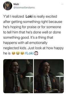 a man sitting at a table in front of a computer screen with the caption'y'all realized loki is really excited after getting something right because he's hoping for someone to tell him