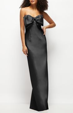 Alfred Sung Bow Detail Strapless Satin Twill Column Gown | Nordstrom Black Tie Wedding Guest Dress, Black Tie Attire, Black Tie Formal, Black Tie Wedding Guests, Alfred Sung, Black Bridesmaid Dresses, Column Gown, Wedding Attire Guest, Black Tie Wedding