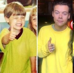 two pictures of the same man and woman in yellow shirts, one with thumbs up