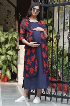 Navy Blue A-Line Cotton & Chiffon Maternity Shrug Cheap Maternity Clothes, Spaghetti Dress, Straight Dress