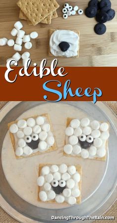 some cookies and marshmallows are on a plate with the words edible sheep