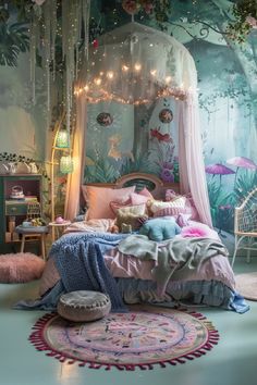 a bedroom decorated in pastel colors with lots of lights and decorations on the ceiling