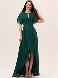 Dark Green Bridesmaid Dress, Asymmetrical Dresses, Bridesmaid Dresses With Sleeves, Simple Gowns, Pakaian Feminin, Chiffon Dress Long, Asymmetrical Dress