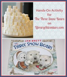 three polar bears are shown in front of a book and some marshmallows