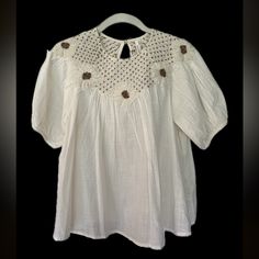 Nwt Anthropologie Top! Beautiful Embroidery And Beading Detail! Summer Embellished Beige Blouse, Embellished Cream Top For Summer, Summer Beige Beaded Tops, Summer Beaded Beige Tops, Beaded Beige Tops For Summer, White Beaded Bohemian Tops, Anthropologie Top, Beautiful Embroidery, Browning