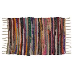 a multicolored rug with fringes on the top and bottom, in different colors