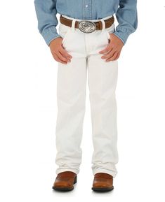 These Wrangler boy's white jeans are tough, 100% cotton heavyweight broken twill denim with the adjust-to-fit waistband moms love. Plus all the classic Western details that he'll come to know as he grows. Styling: Classic Five Pocket Fit: Original Rise: High Front Closure Type: Zipper fly with button closure Leg Opening: Fits over boot Back Pocket: Classic Design Back Pocket Closure: No Closure 100% Cotton Boys White Jeans, Cowboy Cut Jeans, Sperrys Men, Wrangler Cowboy, Wrangler Cowboy Cut, Khaki Pants Men, American Eagle Men, Denim Jacket Men, Boys Jeans