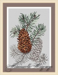 a cross stitch pattern with pine cones and needles