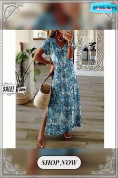 Women's Graceful Cool Summer Split Short-sleeved Dresses Summer Short Sleeve Shift Maxi Dress, Floral Print Shift Maxi Dress For Vacation, Short Sleeve Printed Maxi Dress For Beach Season, Printed Short Sleeve Maxi Dress For Beach Season, Spring Short Sleeve Shift Maxi Dress, Floral Print Short Sleeve Midi Dress For Beach Season, Short Sleeve Floral Midi Dress For Beach Season, Cool Summer, Summer Fun