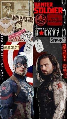 captain america the winter soldier collage with stickers on it's chest and back