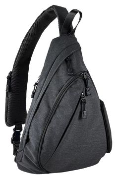 a gray backpack with zippers on the front and side pockets, attached to a shoulder strap