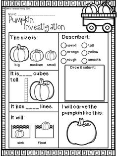 the pumpkin investigateation worksheet is shown in black and white, with an image of