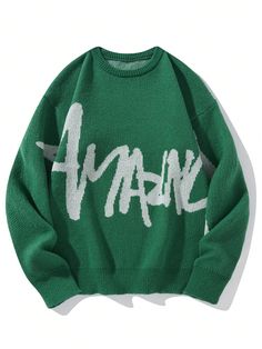 Men's Monogram Crew Neck Sweater Green Casual  Long Sleeve Fabric Letter Pullovers Slight Stretch  Men Clothing, size features are:Bust: ,Length: ,Sleeve Length: Mens Monogram, Varsity Sweater, Graphic Sweaters, Jeans Cargo, Estilo Hip Hop, Hooded Sweatshirt Men, Football Outfits, Mens Trends, Knitwear Men