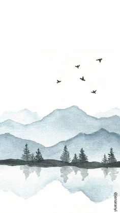 watercolor painting of birds flying over mountains and lake with trees in the foreground