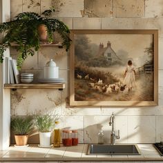 a painting hanging on the wall above a kitchen sink