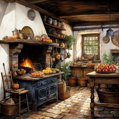 a painting of a kitchen with an oven, table and baskets on the stovetop