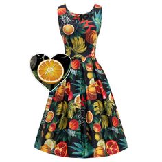 Amanda Scoop Neck Swing Dress in Black Tropical Print-Dresses-Glitz Glam and Rebellion GGR Pinup, Retro, and Rockabilly Fashions Florida Dress, Tropical Fabric Prints, Retro Style Dress, Tropical Fruits, Fruit Print, Dress 16, Box Pleats, Spin Cycle, Tropical Print