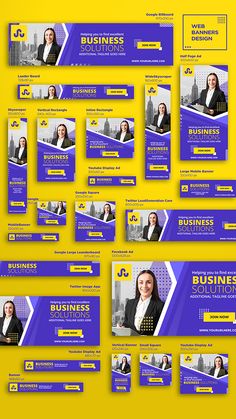 a yellow and blue presentation board with business people