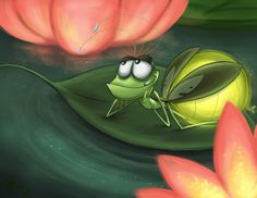 a green insect sitting on top of a leaf next to water lilies and pink flowers