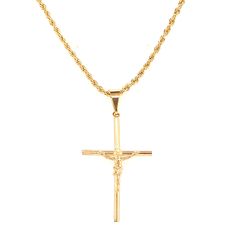 18kt Gold Filled Crucifix Jesus Necklace Chain Options and Lengths are available below. Chain thickness is between 2-2.5mm. Charm Length: 44mm + Bail Top to Bottom: Option 1: Curb Chain Option 2: Rope Chain Option 3: Mariner Link Option 4: Figaro Chain Material: 18 Karat Gold Filled, Hypoallergenic. Gold-filled does not de-laminate or peel like Gold plated Jewelry nor does it tarnish as readily as silver. Generally speaking, gold filled is better quality and will have a much longer lasting color Spiritual Yellow Gold Cross Necklace, Gold Cross Jewelry For Blessing, Gold Cross Jewelry For Blessing Occasion, Gold Symbolic Crucifix Jewelry And Charms, Jesus On Cross, Cross Necklace Simple, Jesus Necklace, Mens Cross Necklace, Crucifix Necklace