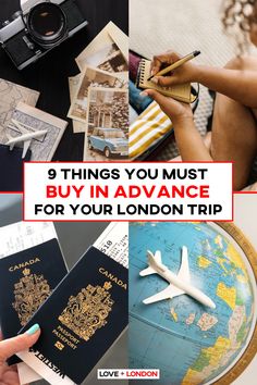 a collage of photos with the words 9 things you must buy in advance for your london trip