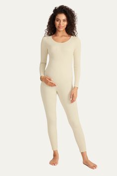 ribbed-long-sleeve-maternity-shapewear-jumpsuit#color_white Maternity Shapewear, Maternity One Piece, Pregnancy Essentials, Body Conscious, White Jumpsuit, Baby Bump, Effortless Chic, Ribbed Fabric, Sleeve Designs