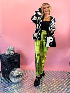 Shine like the night sky in these out-of-this-world LET YOURSELF SHINE METALLIC PANTS! With their high-waisted fit and green metallic design - these pants will instantly elevate any outfit. Let your fashion sparkle and shine with these trend-setting trousers! -The coolest metallic pants we've ever laid eyes on! 👽 -High waisted fit with boot cut pant leg -Front and back pockets -Basically makes ANY outfit look 10 x's cooler! -95% Polyester; 5% Elastane SIZING: The pants are more of a rigid fit. Pink Metallic Pants Outfit, Metallic Pants Outfit, Green Jacket Outfit, Boot Cut Pant, Metallic Pants, Metallic Design, Oversized Knit Cardigan, Fringe Jacket, Sparkle And Shine